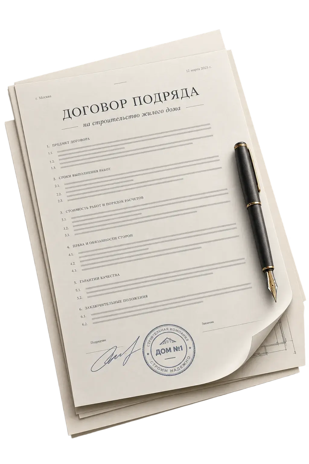 Договор подряда на строительство жилого дома с подписью и печатью «Дом №1»